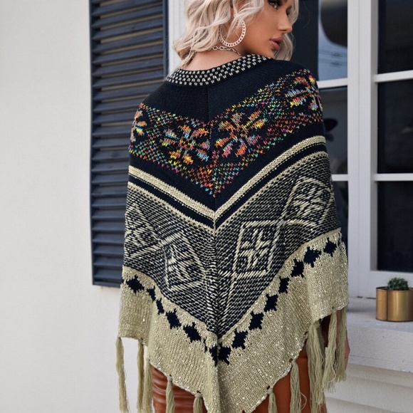 Fringe Hem multi color Sweater Poncho - Picture 3 of 4